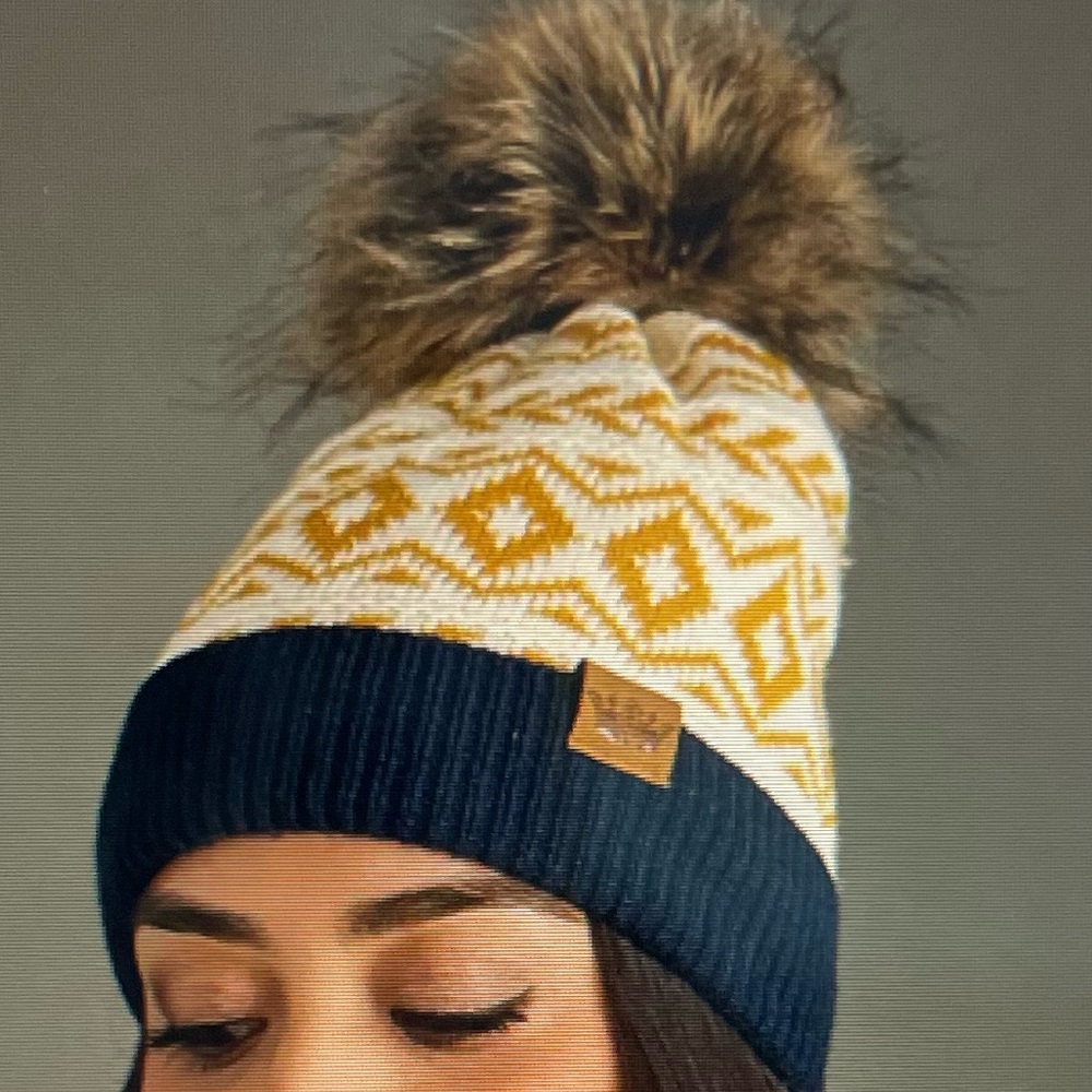 Panache Cream, Mustard, & Navy Stylish Knit Beanie with Pom Pom